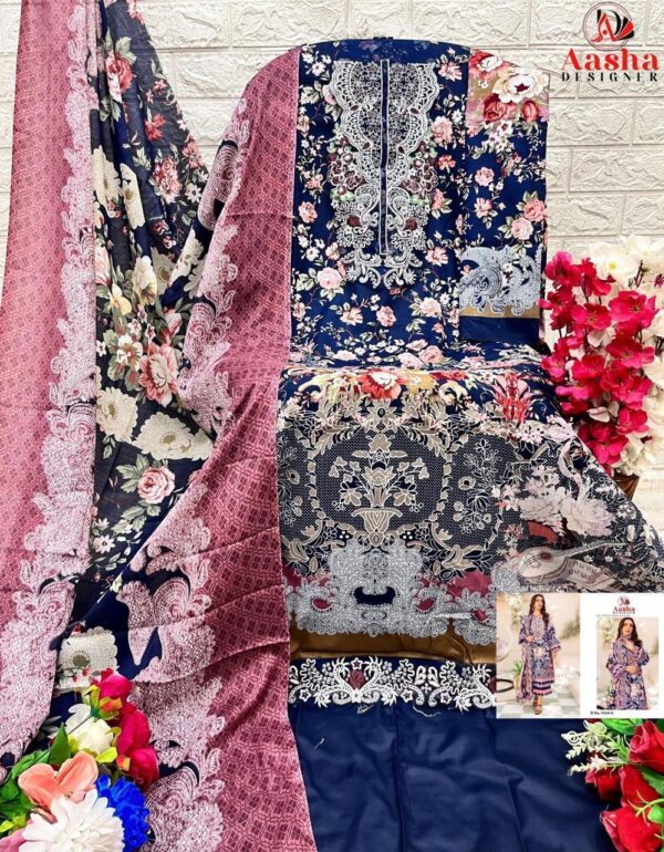 Navy Blue and Pink Aasha Designer Pure Cotton Printed Suit with Patch Embroidery & Chiffon Dupatta