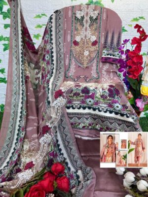 Dusty PInk and Purple Aasha Designer Pure Cotton Printed Suit with Patch Embroidery & Chiffon Dupatta