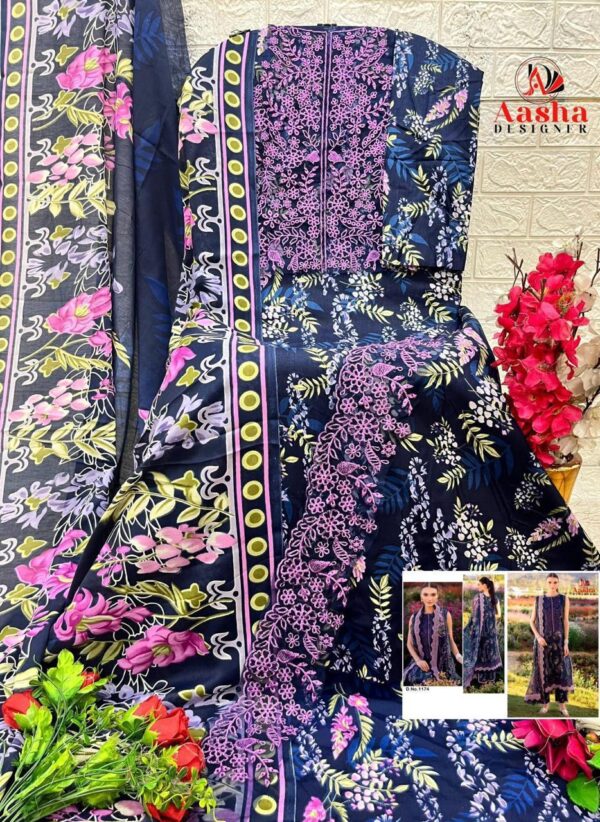 Black and Floral Pink Aasha Designer Pure Cotton Printed Suit with Patch Embroidery & Chiffon Dupatta