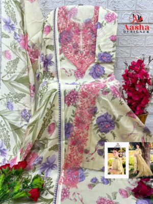 Cream and Pink Aasha Designer Pure Cotton Printed Suit with Patch Embroidery & Chiffon Dupatta