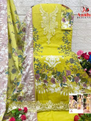 Lime Yellow Aasha Designer Pure Cotton Printed Suit with Patch Embroidery & Chiffon Dupatta
