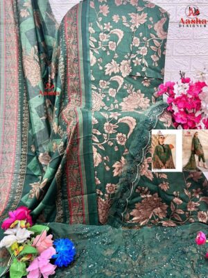 Emerald Green Aasha Designer Pure Cotton Printed Suit with Patch Embroidery & Chiffon Dupatta