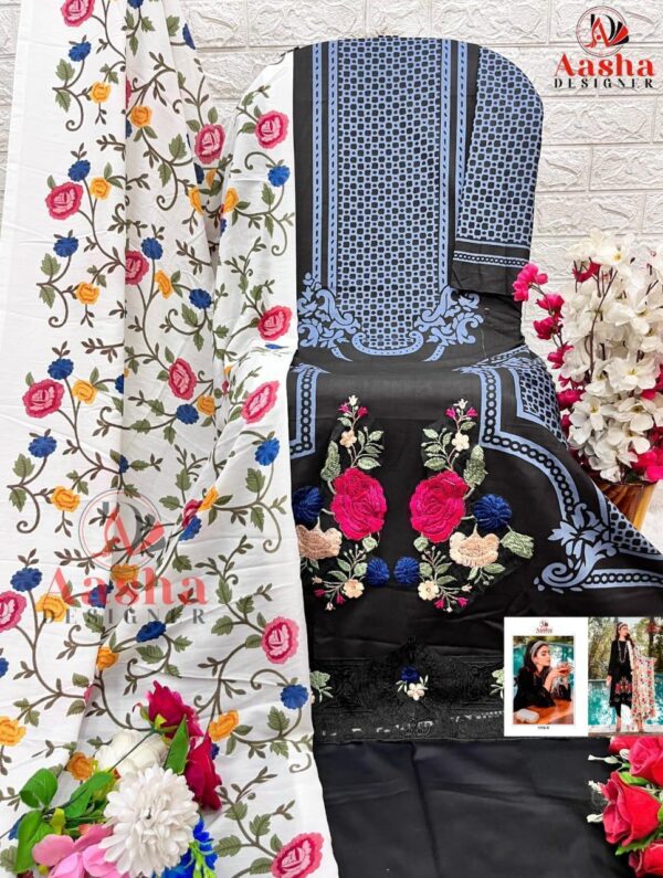 Black and Light Blue Aasha Designer Pure Cotton Printed Suit with Patch Embroidery & Chiffon Dupatta