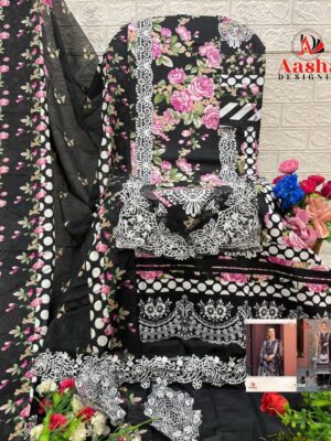 Black and Floral Pink Aasha Designer Pure Cotton Printed Suit with Patch Embroidery & Chiffon Dupatta