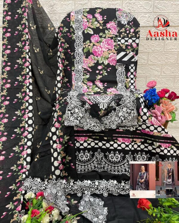 Black and Floral Pink Aasha Designer Pure Cotton Printed Suit with Patch Embroidery & Chiffon Dupatta