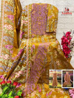 Mustard Yellow Aasha Designer Pure Cotton Printed Suit with Patch Embroidery & Chiffon Dupatta