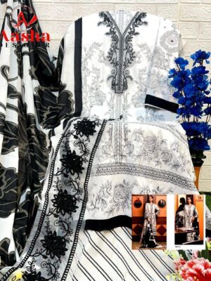 White and Black Aasha Designer Pure Cotton Printed Suit with Patch Embroidery & Chiffon Dupatta