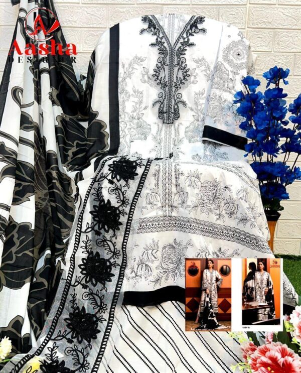 White and Black Aasha Designer Pure Cotton Printed Suit with Patch Embroidery & Chiffon Dupatta
