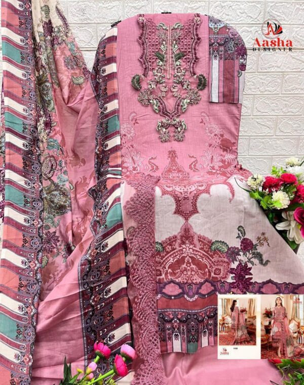 Pink Aasha Designer Pure Cotton Printed Suit with Patch Embroidery & Chiffon Dupatta