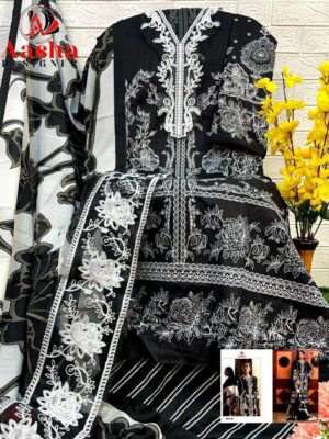 Black and White Aasha Designer Pure Cotton Printed Suit with Patch Embroidery & Chiffon Dupatta