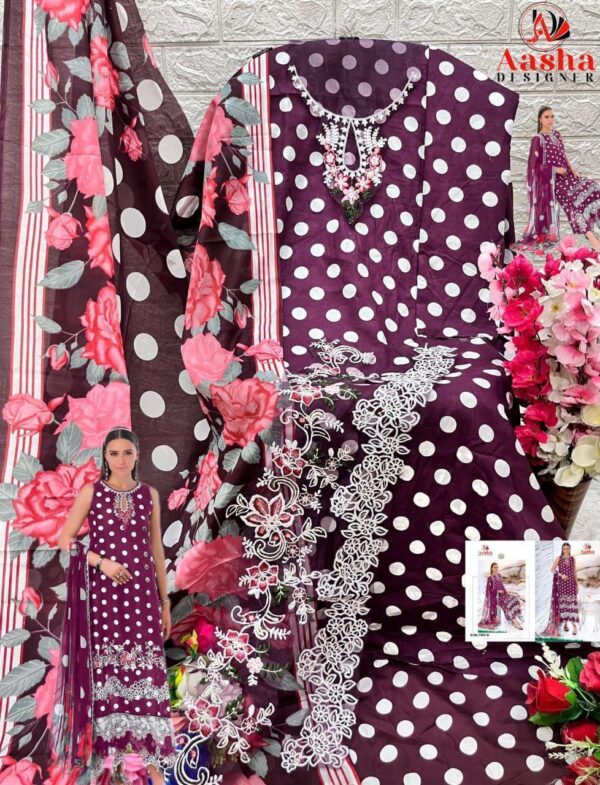 Deep Purple Aasha Designer Pure Cotton Printed Suit with Patch Embroidery & Chiffon Dupatta