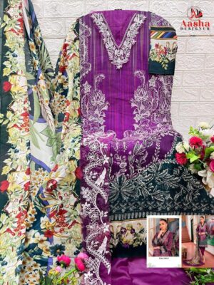 Purple Aasha Designer Pure Cotton Printed Suit with Patch Embroidery & Chiffon Dupatta