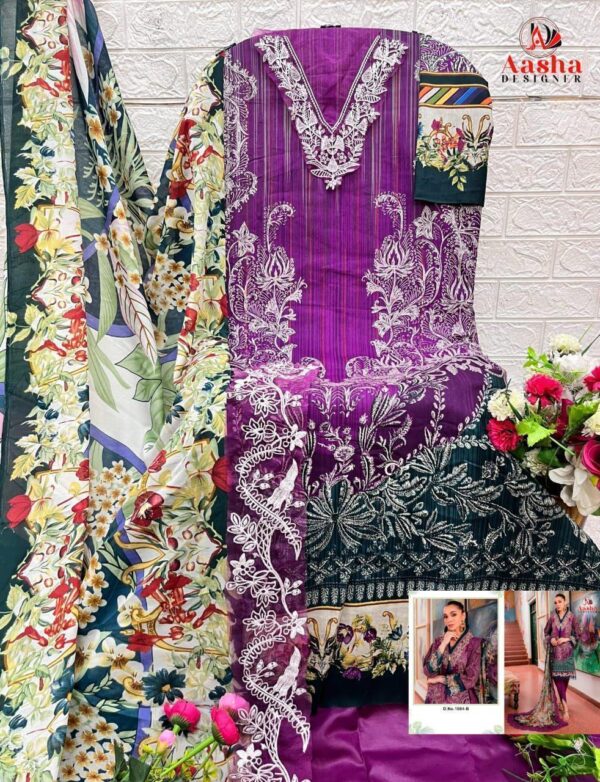 Purple Aasha Designer Pure Cotton Printed Suit with Patch Embroidery & Chiffon Dupatta