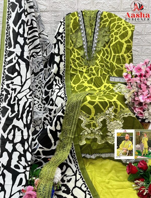 Olive Green Aasha Designer Pure Cotton Printed Suit with Patch Embroidery & Chiffon Dupatta