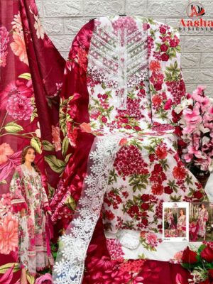 White and Red Aasha Designer Pure Cotton Printed Suit with Patch Embroidery & Chiffon Dupatta