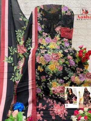 Black Aasha Designer Pure Cotton Printed Suit with Patch Embroidery & Chiffon Dupatta