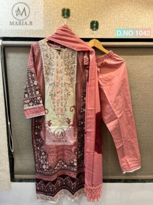Pink and Gold Maria.B D.No 1042 Ready-Made Cotton Suit with Lace Dupatta – XL & XXL |