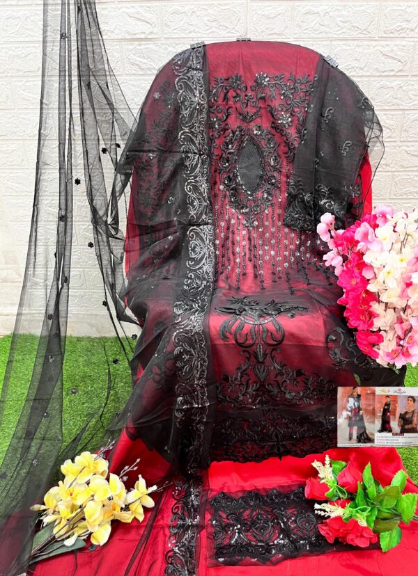 Red with Black Designer Georgette Net & Organza Suit – Ready to Ship |