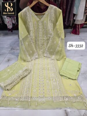 Lime Bin Saeed SH Series Original Chiffon Embroidered Suit with Handwork – XL/XXL