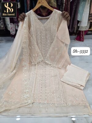 Cream Bin Saeed SH Series Original Chiffon Embroidered Suit with Handwork – XL/XXL