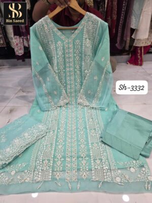 Mint Green Bin Saeed SH Series Original Chiffon Embroidered Suit with Handwork – XL/XXL