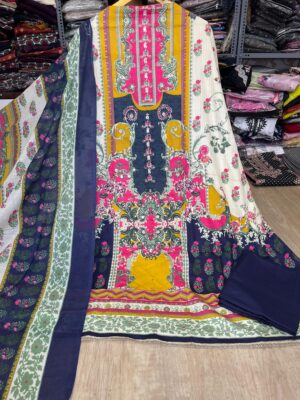 Multicolour Pure Jam Cotton Karachi Print Suit with Cotton Dupatta & Rayon Bottom
