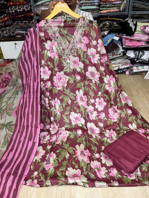 Maroon with Pink Pure Jam Cotton Karachi Print Suit with Cotton Dupatta & Rayon Bottom