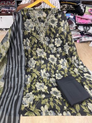 Black Pure Jam Cotton Karachi Print Suit with Cotton Dupatta & Rayon Bottom