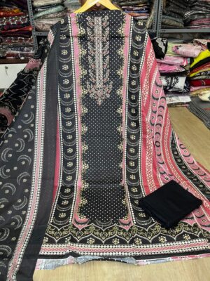 Black Pure Jam Cotton Karachi Print Suit with Cotton Dupatta & Rayon Bottom