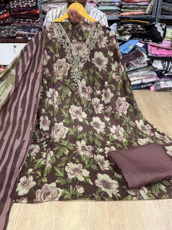 Brown Pure Jam Cotton Karachi Print Suit with Cotton Dupatta & Rayon Bottom