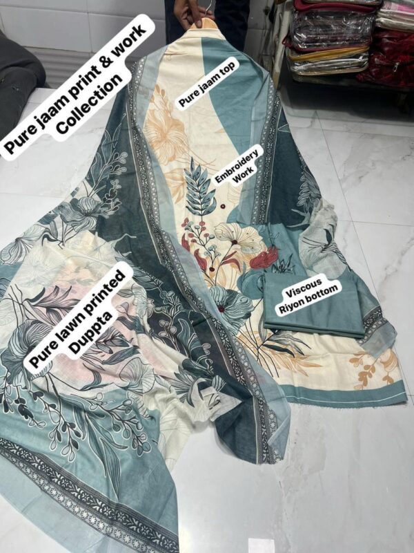 Teal Green Pure Jam Cotton Karachi Print Suit with Cotton Dupatta & Rayon Bottom