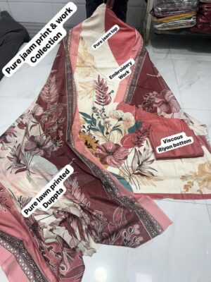 Maroon Pure Jam Cotton Karachi Print Suit with Cotton Dupatta & Rayon Bottom