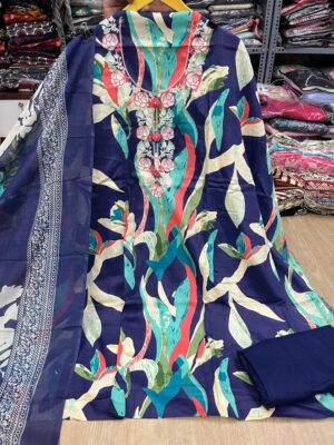 Royal Blue Pure Jam Cotton Karachi Print Suit with Cotton Dupatta & Rayon Bottom