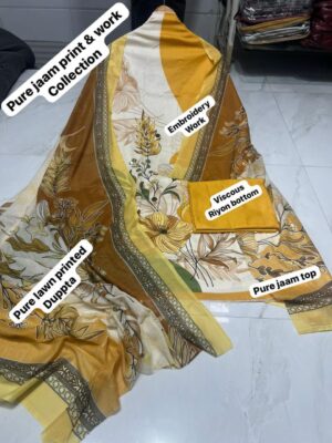 Yellow Pure Jam Cotton Karachi Print Suit with Cotton Dupatta & Rayon Bottom