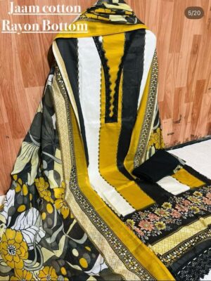 Multicolor Pure Jam Cotton Karachi Print Suit with Cotton Dupatta & Rayon Bottom