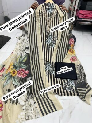Black and Cream Pure Jam Cotton Karachi Print Suit with Cotton Dupatta & Rayon Bottom