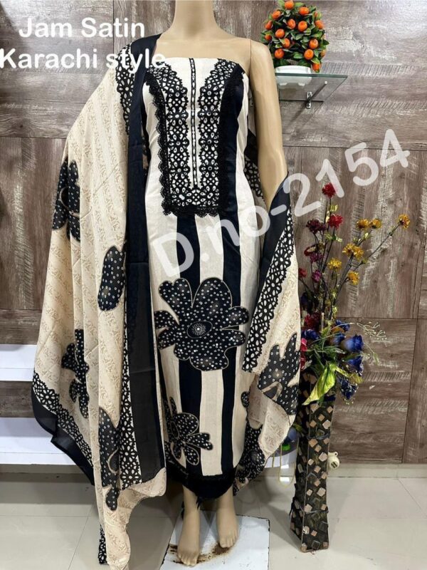 Black and Cream Pure Jam Cotton Karachi Print Suit with Cotton Dupatta & Rayon Bottom
