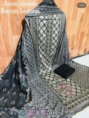 Black and Grey Pure Jam Cotton Karachi Print Suit with Cotton Dupatta & Rayon Bottom