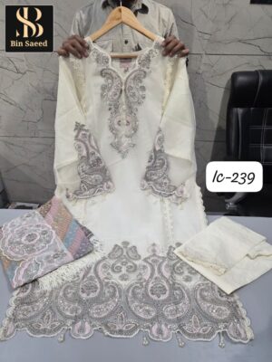 White Bin Saeed IC Series Fancy Fabric Suit with Cutwork & Lakan