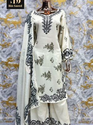 Off -White with Black Premium Satin Suit with Chinnon Silk Dupatta