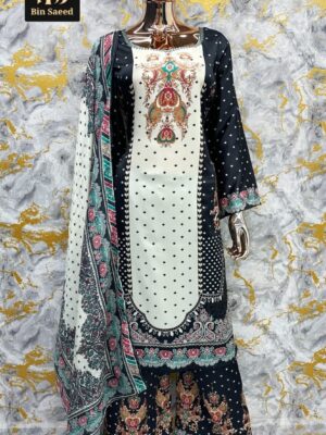 Black with White Premium Satin Suit with Chinnon Silk Dupatta