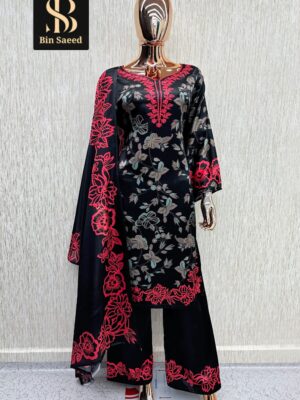 Black with Red Premium Satin Suit with Chinnon Silk Dupatta