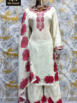 White with Red Premium Satin Suit with Chinnon Silk Dupatta