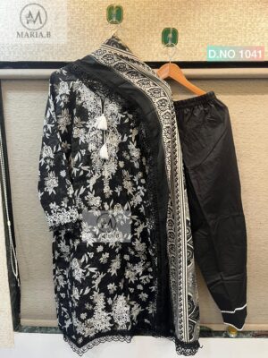 Black Readymade Cotton Embroidered Suit with Dupatta