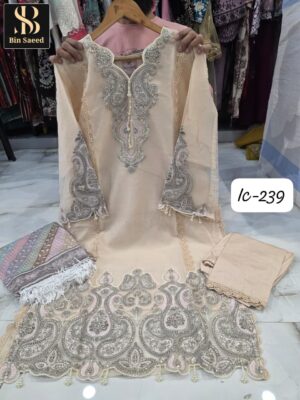 Cream with Beige Bin Saeed IC Series Fancy Fabric Suit with Cutwork & Lakan