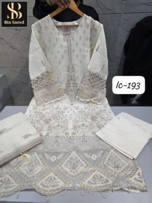 White Bin Saeed IC Series Fancy Fabric Suit with Cutwork & Lakan