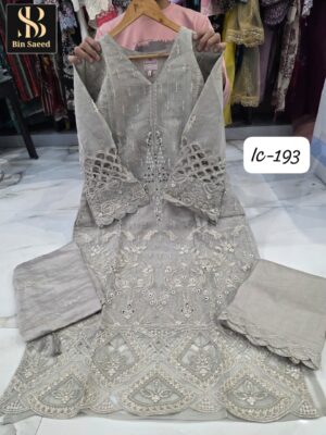Light Grey Bin Saeed IC Series Fancy Fabric Suit with Cutwork & Lakan