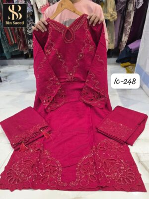 Magenta Pink  Bin Saeed IC Series Fancy Fabric Suit with Cutwork & Lakan