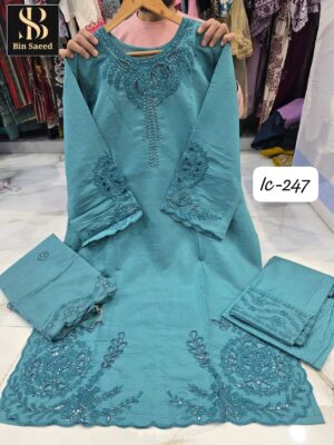 Teal Blue Bin Saeed IC Series Fancy Fabric Suit with Cutwork & Lakan