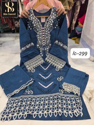 Navy Blue Bin Saeed IC Series Fancy Fabric Suit with Cutwork & Lakan